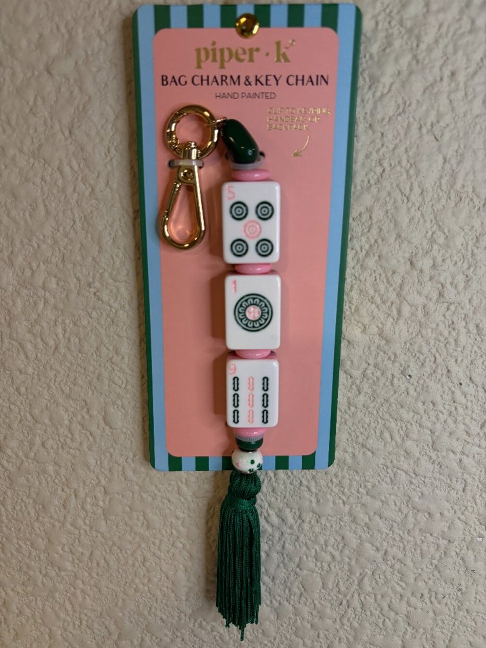 Piper K Mahjong Tile Beaded Bag Charm Keychain Green Tassel Hand Painted NWT